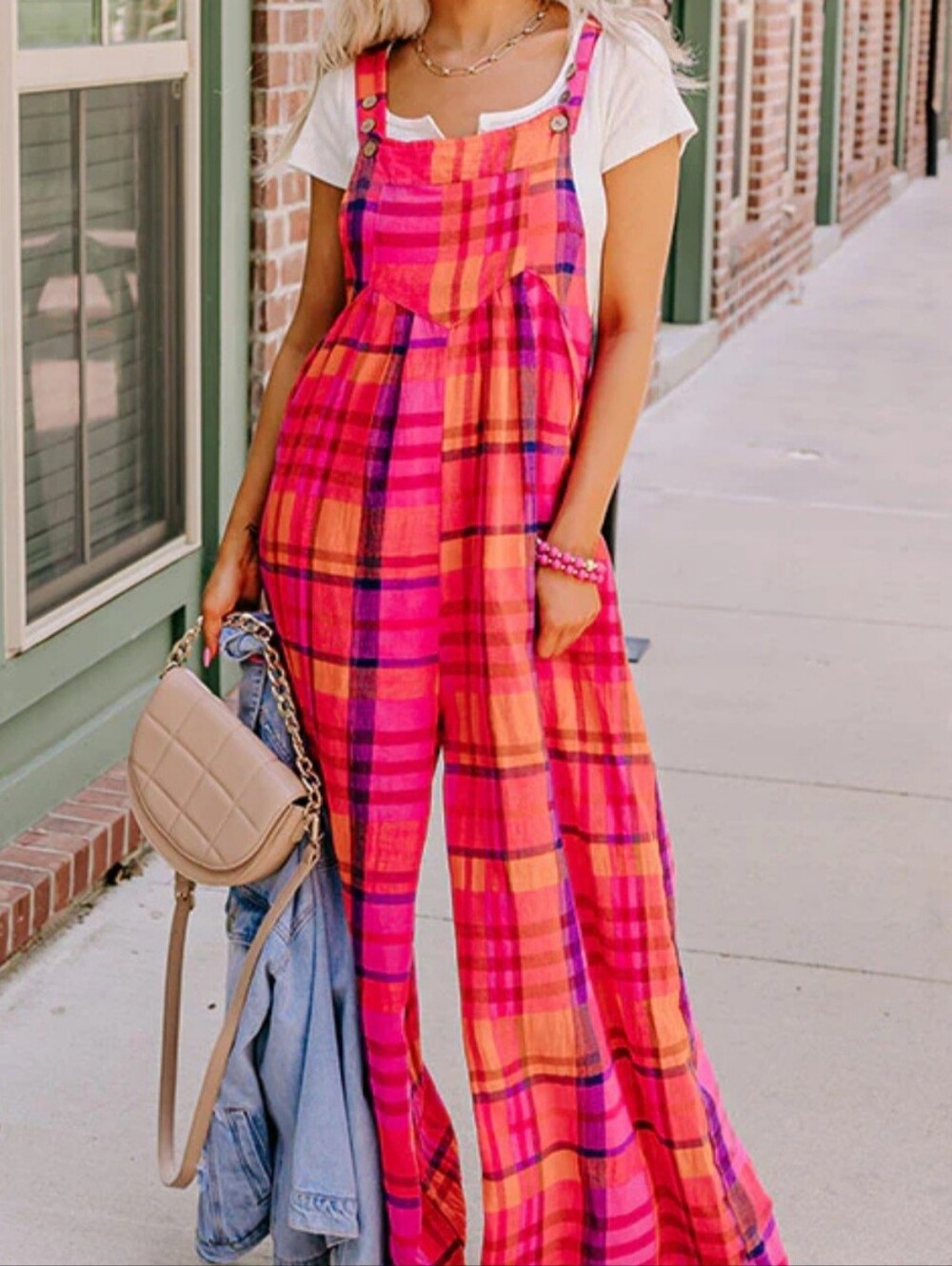 New Plaid Wide-Leg Jumpsuit in Pink & Orange